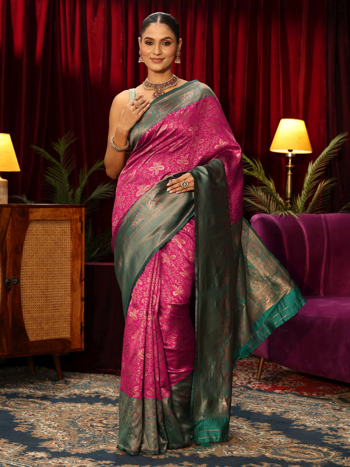 Mameraa Magenta Pink Floral Woven Design Silk Blend Saree