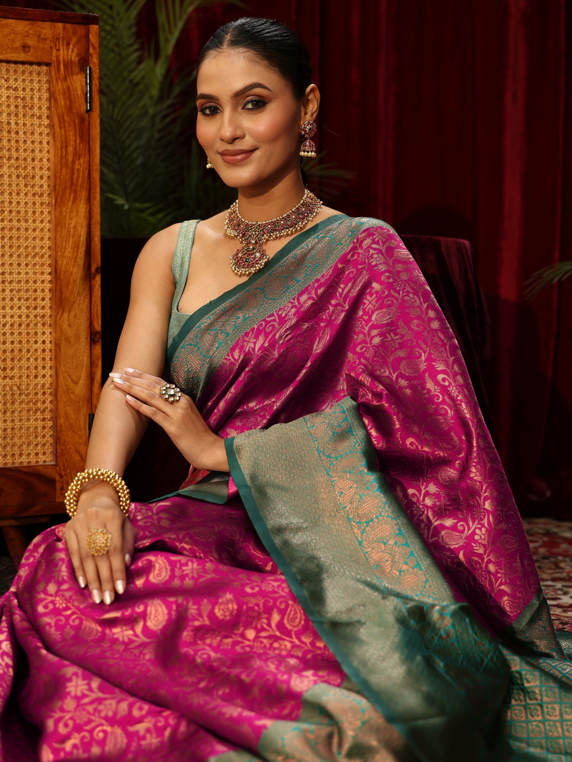 Mameraa Magenta Pink Floral Woven Design Silk Blend Saree