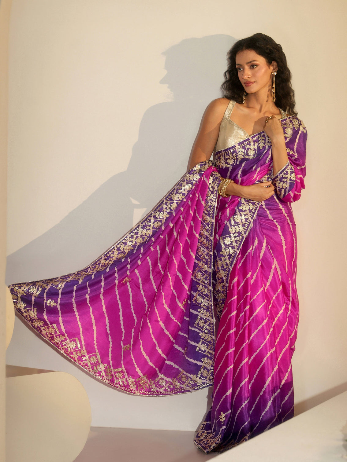Mameraa Magenta Pink Leheriya Printed Ombre Silk Blend Saree