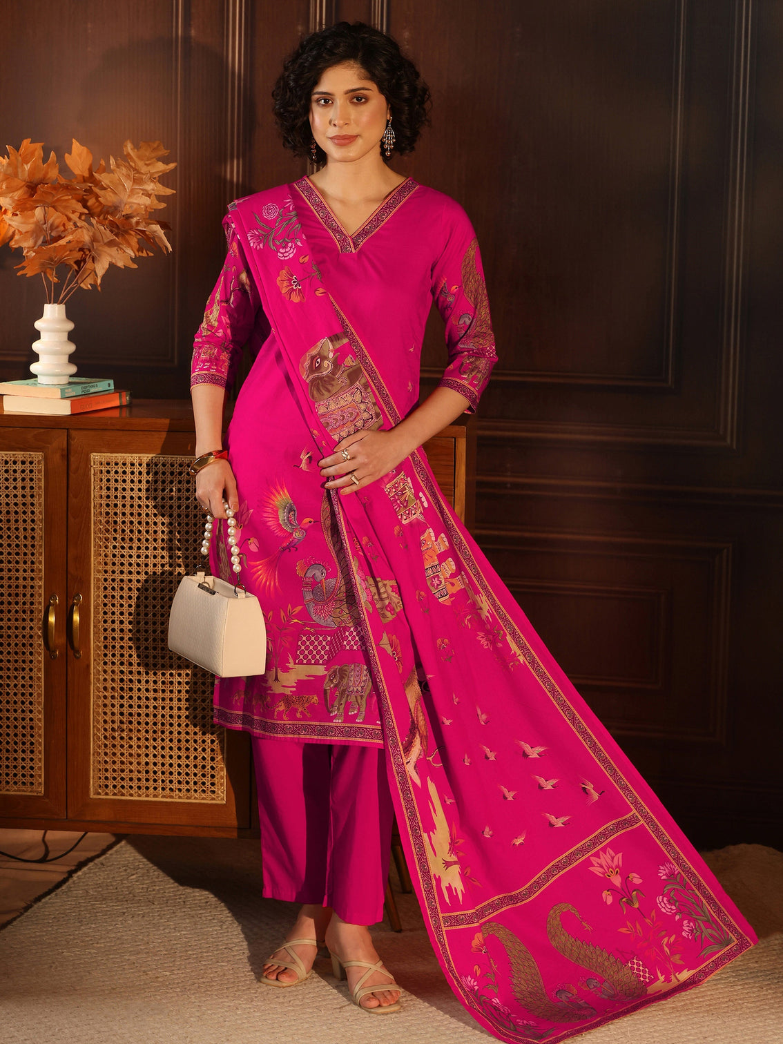 Mameraa Magenta Pink Tribal Printed Cotton Straight Suit Set