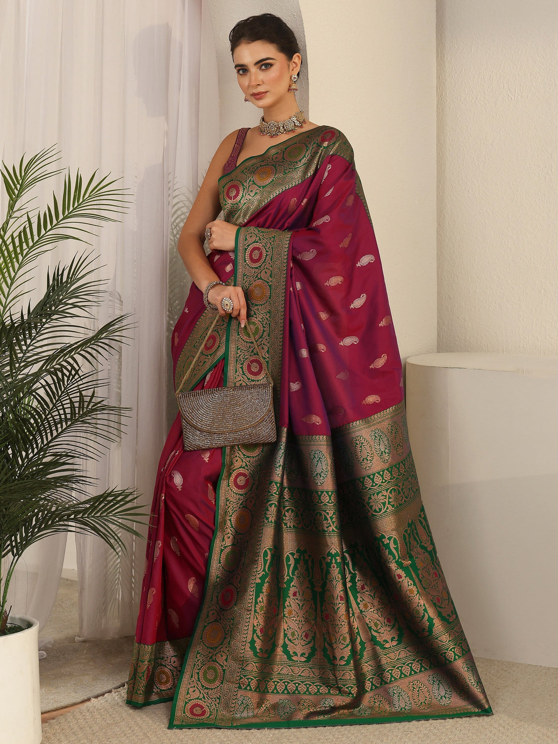 Mameraa Magenta Pink Woven Design Silk Blend Saree