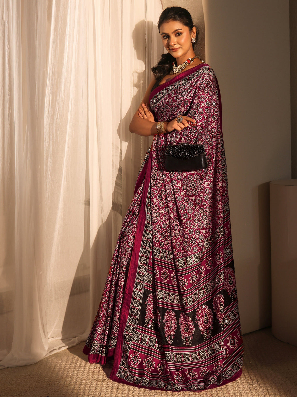 Mameraa Maroon Ajrakh Printed Silk Blend Saree
