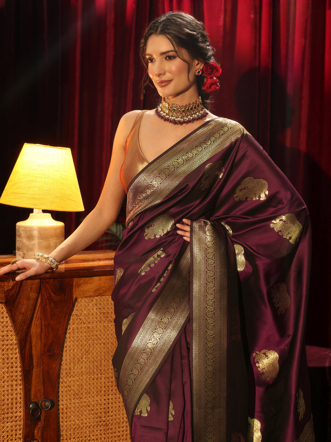 Mameraa Maroon Elephant Motif Kanjeevaram Silk Blend Saree