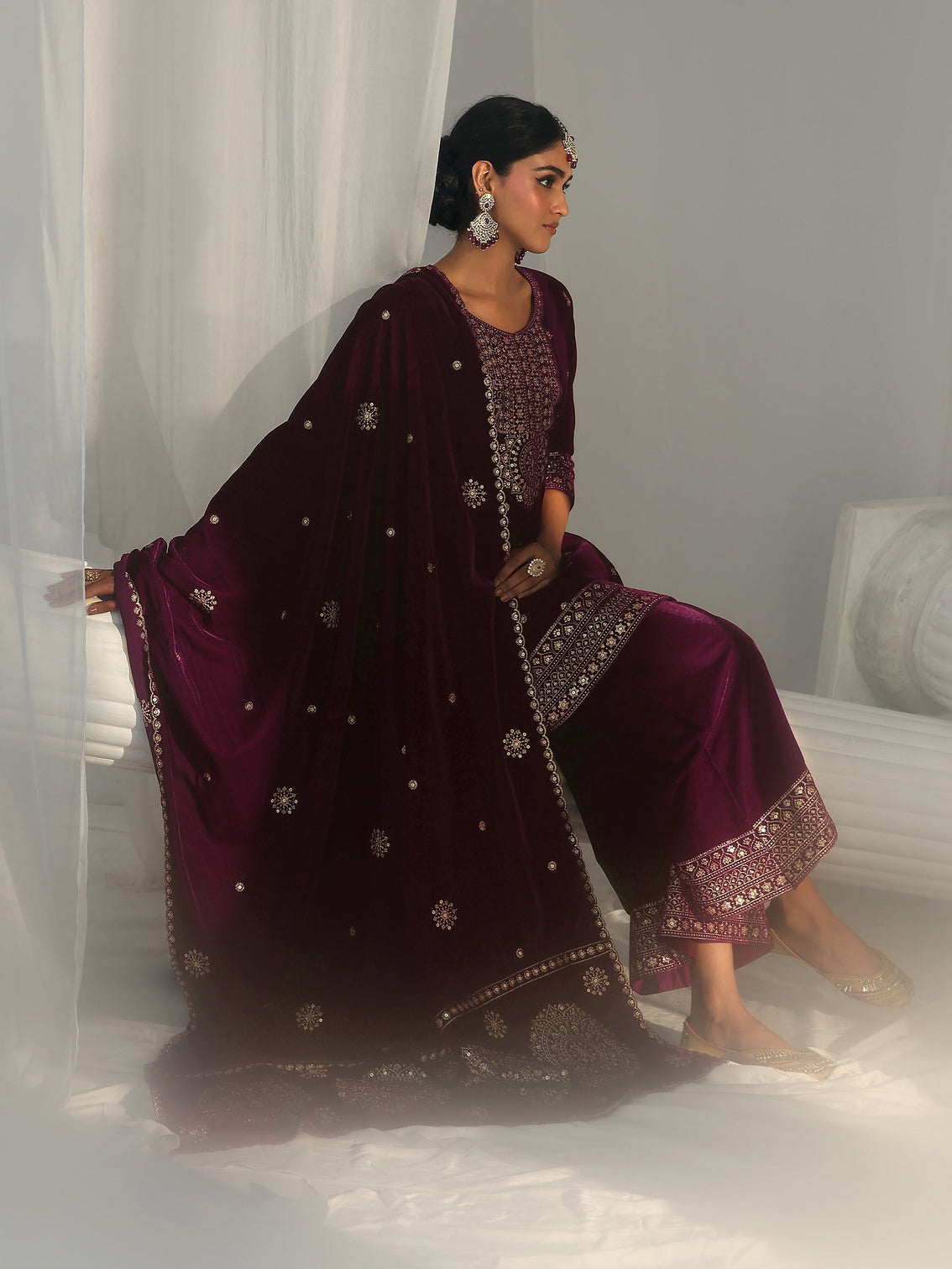 Mameraa Maroon Embellished Velvet Straight Suit Set
