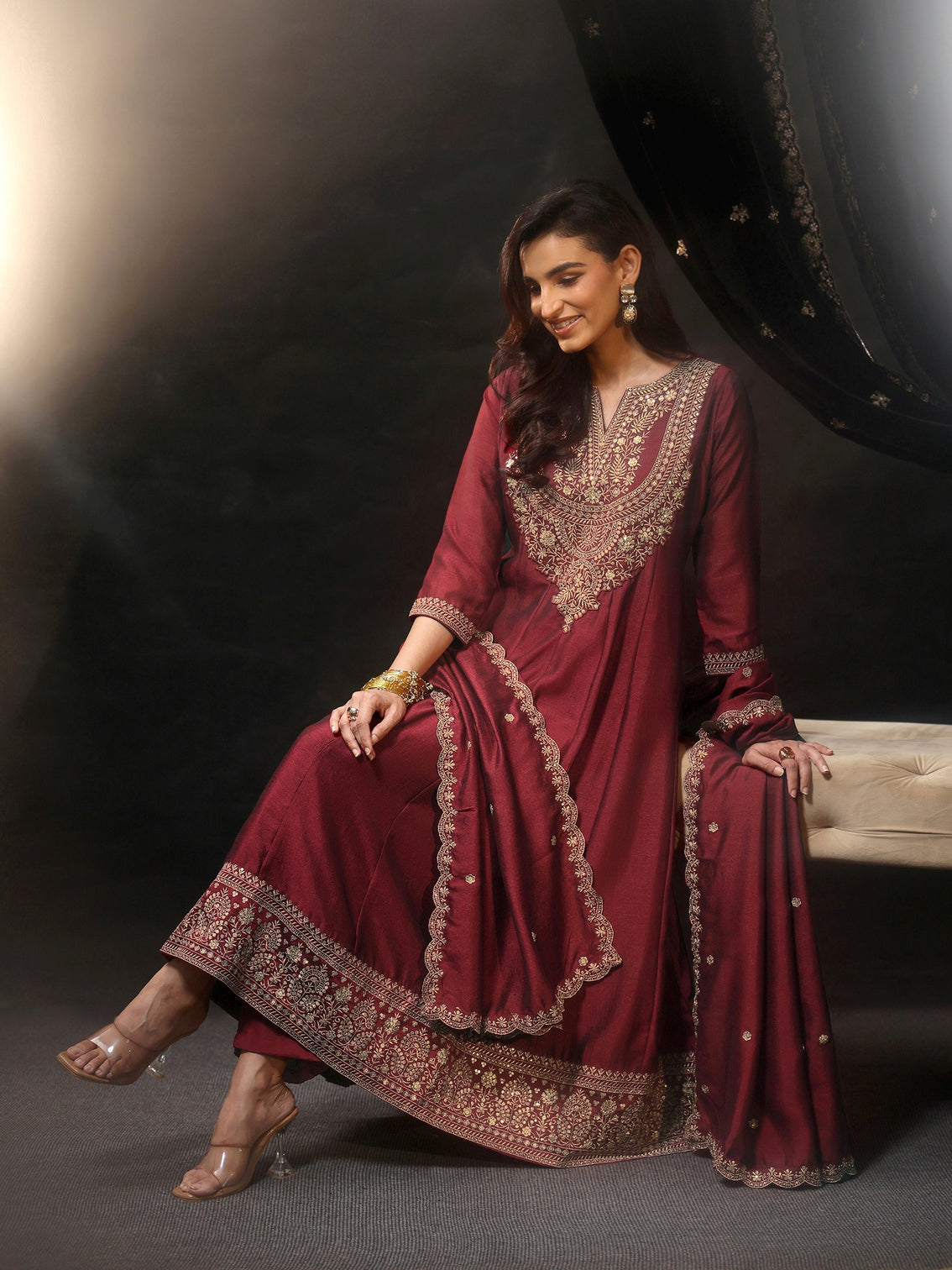 Mameraa Maroon Embellished Yoke Design Silk Blend Anarkali Suit Set
