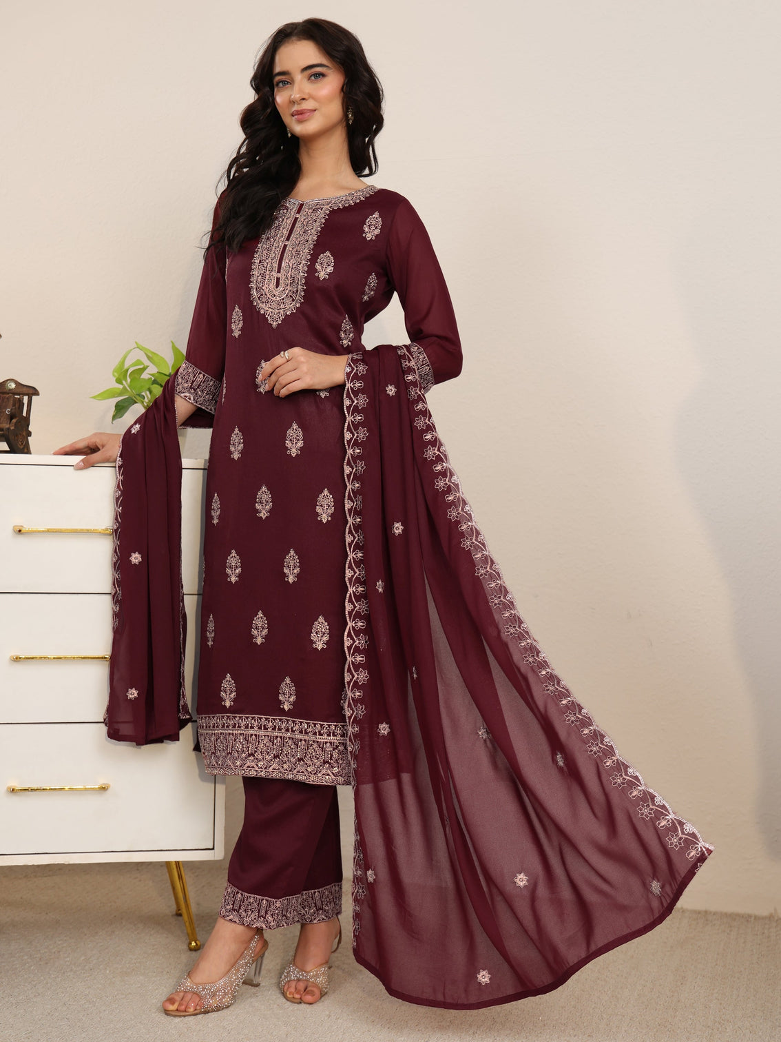 Mameraa Maroon Embroidered Chinon Straight Suit Set