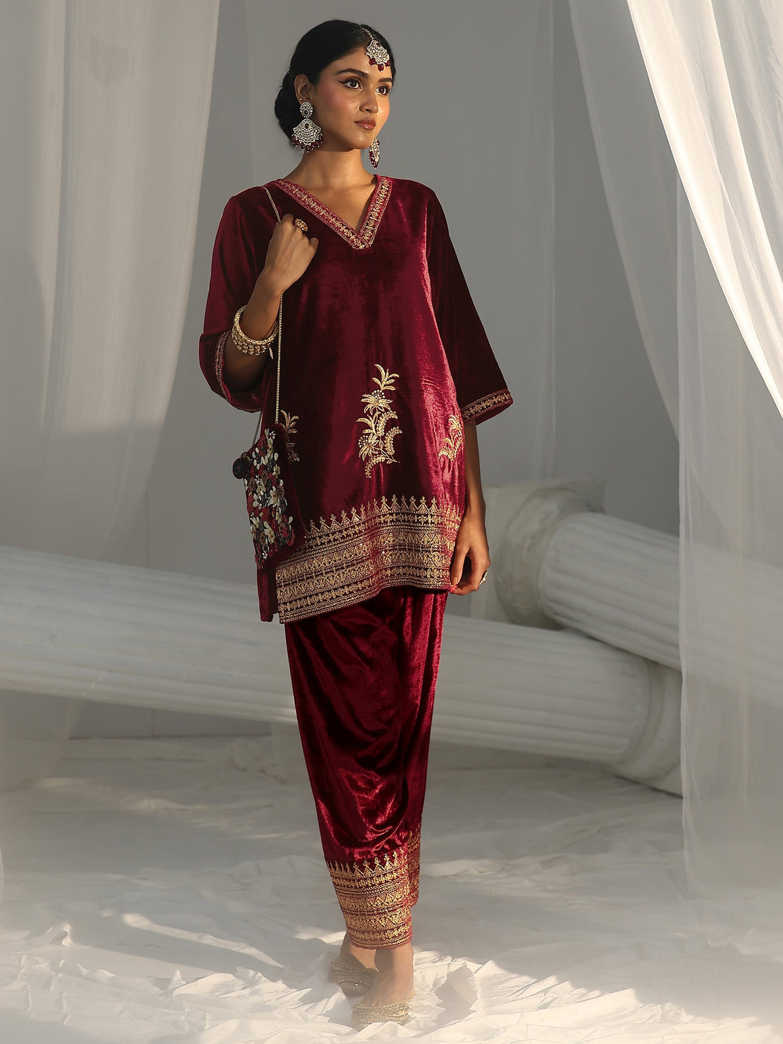 Mameraa Maroon Embroidered Velvet Co-Ord Set