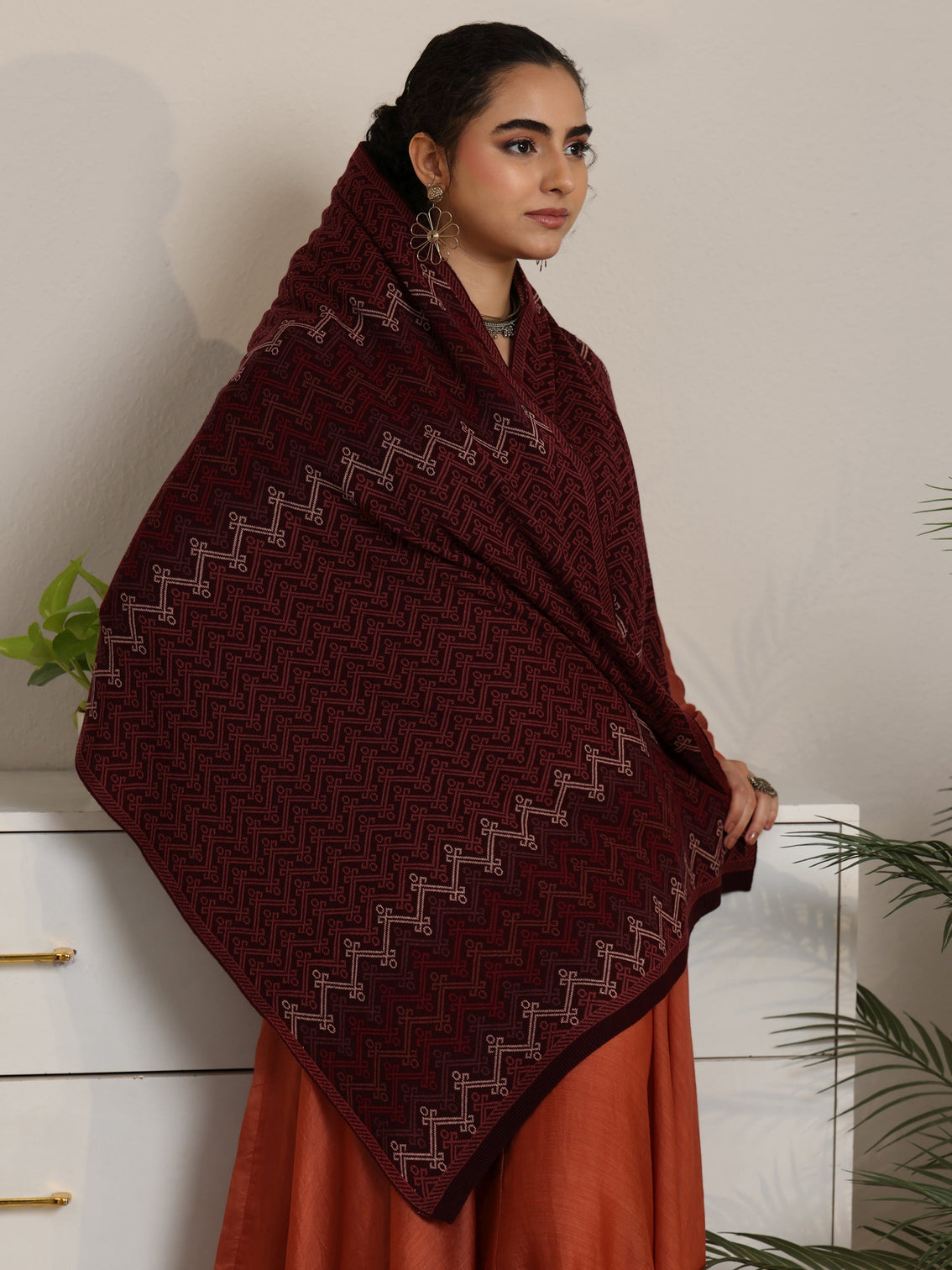 Mameraa Maroon Ethnic Knitted Acrylic Shawl