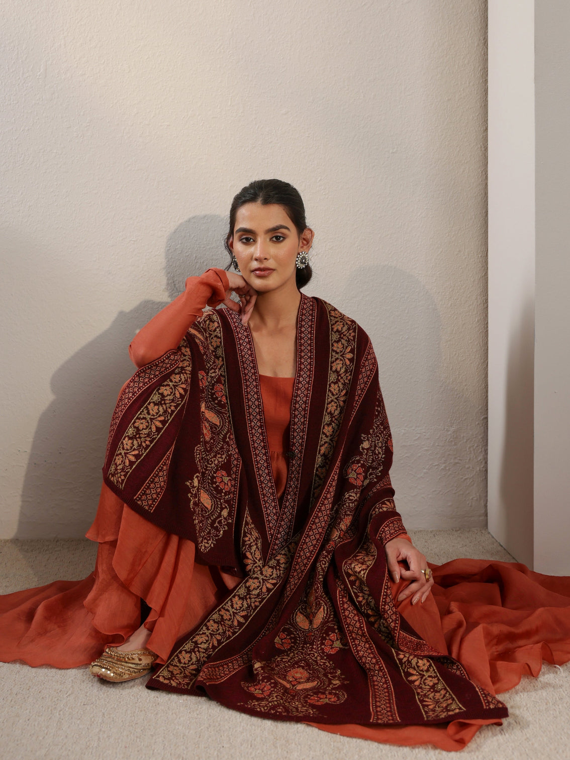 Mameraa Maroon Ethnic Knitted Acrylic Wrap Shawl