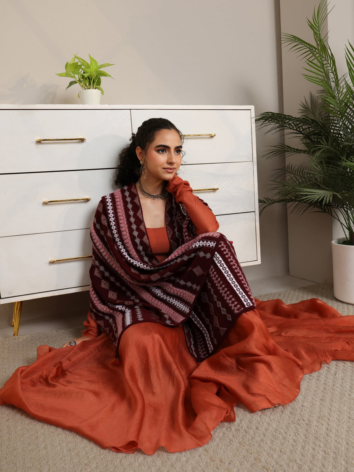 Mameraa Maroon Ethnic Knitted Acrylic Wrap Shawl