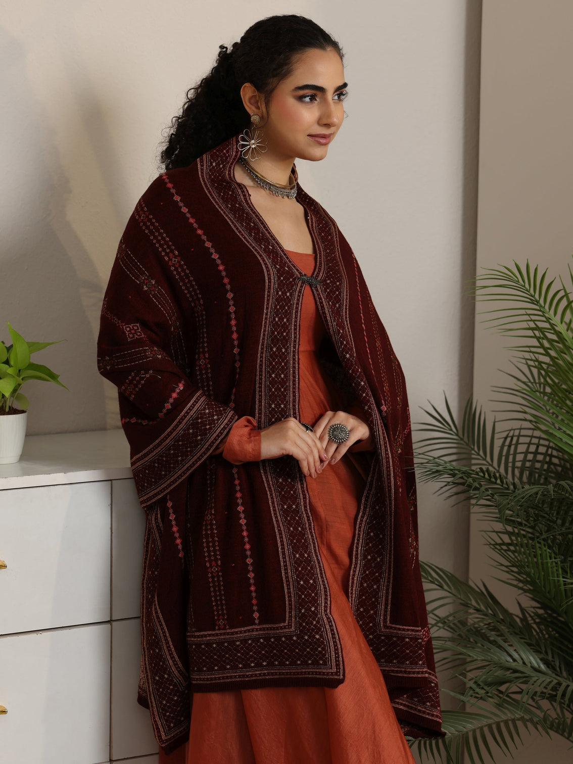 Mameraa Maroon Ethnic Knitted Acrylic Wrap Shawl