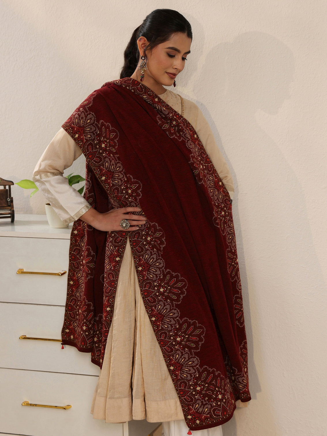 Mameraa Maroon Ethnic Knitted Acrylic Wrap Shawl