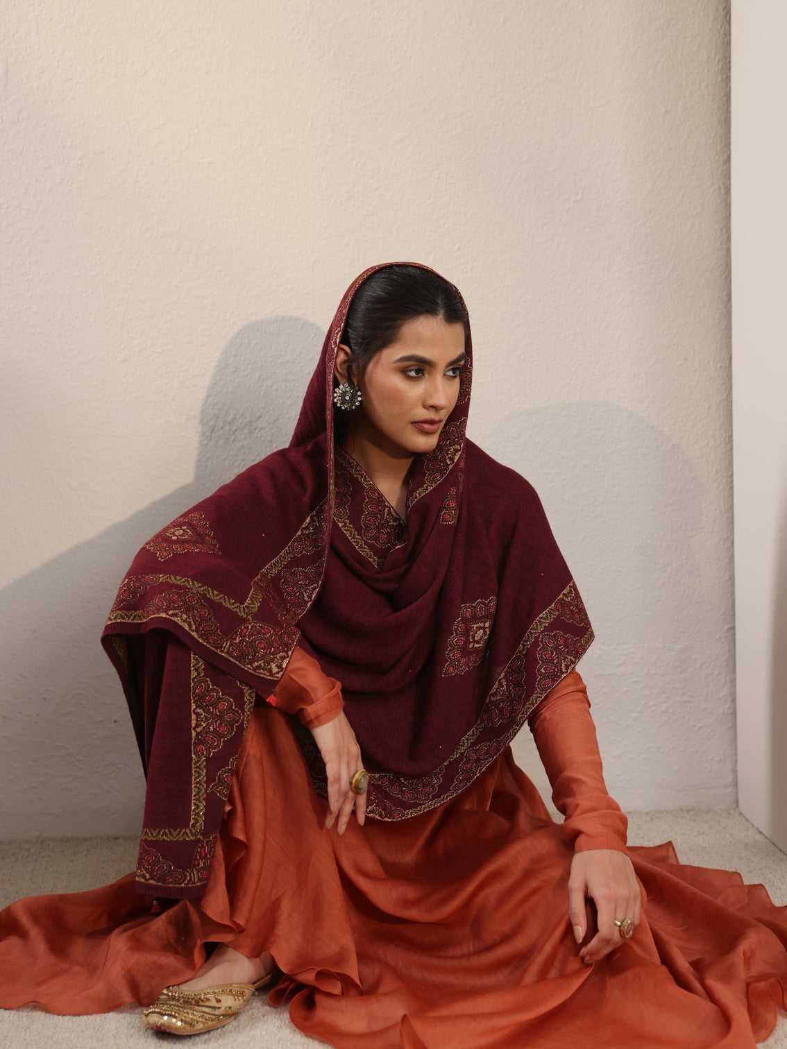 Mameraa Maroon Ethnic Knitted Acrylic Wrap Shawl