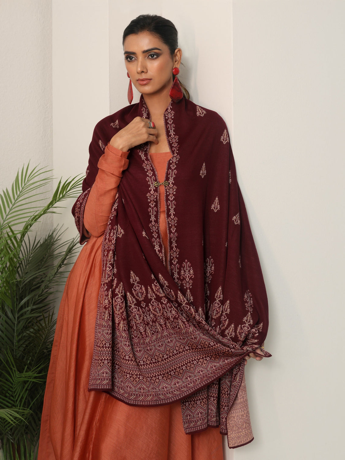 Mameraa Maroon Ethnic Knitted Acrylic Wrap Shawl