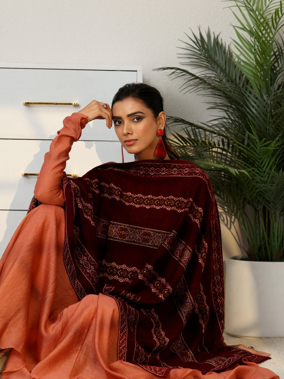 Mameraa Maroon Ethnic Knitted Acrylic Wrap Shawl