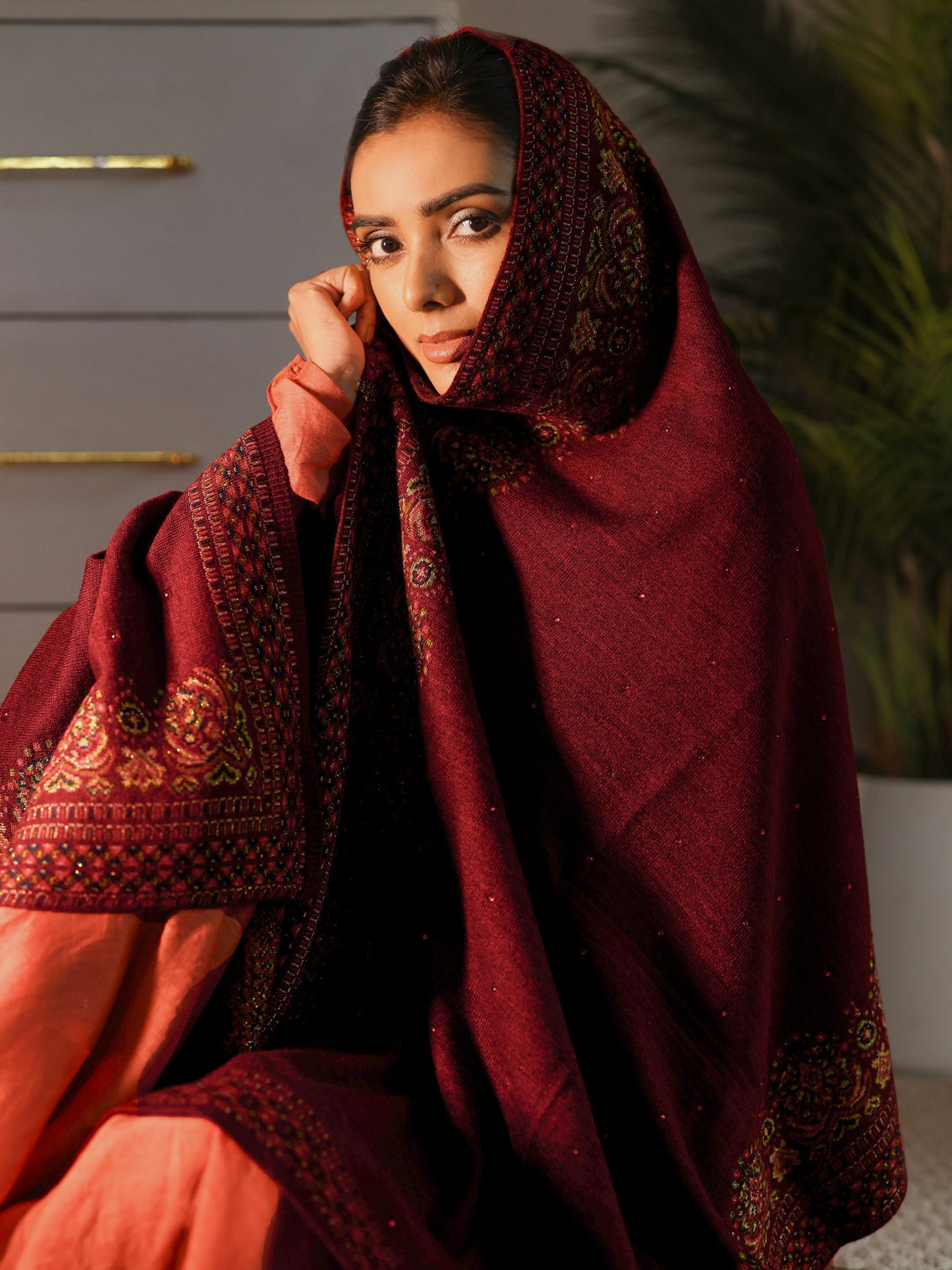 Mameraa Maroon Ethnic Knitted Acrylic Wrap Shawl