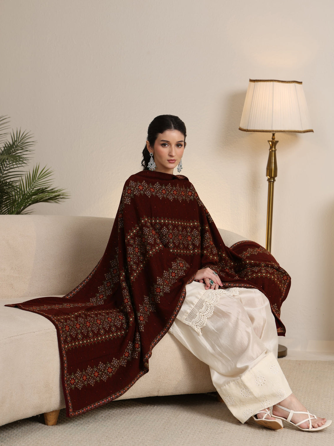 Mameraa Maroon Ethnic Knitted Acrylic Wrap Shawl