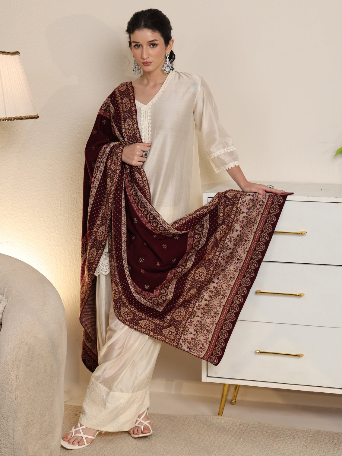 Mameraa Maroon Ethnic Knitted Acrylic Wrap Shawl