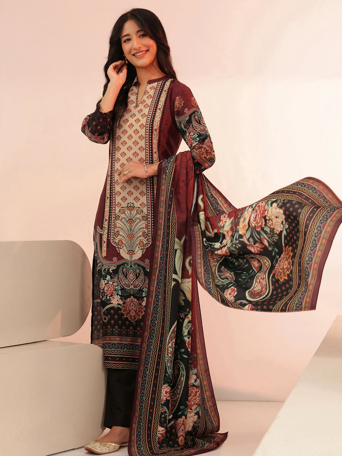 Mameraa Maroon Ethnic Print Silk Blend Straight Suit Set