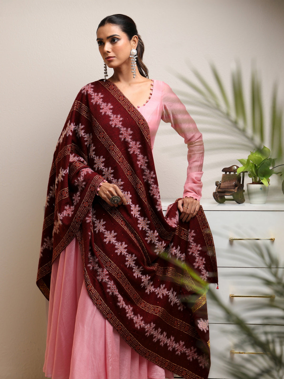 Mameraa Maroon Fair Isle Knitted Acrylic Wrap Shawl