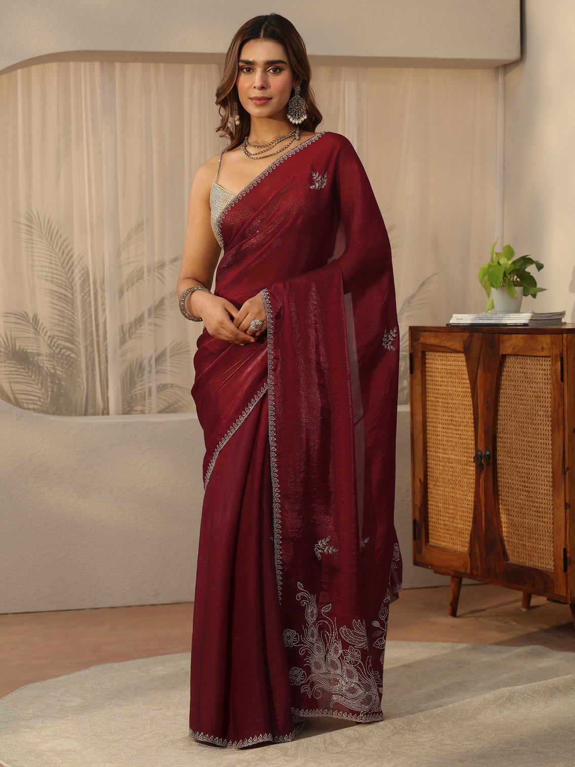 Mameraa Maroon Floral Embellished Tissue Saree