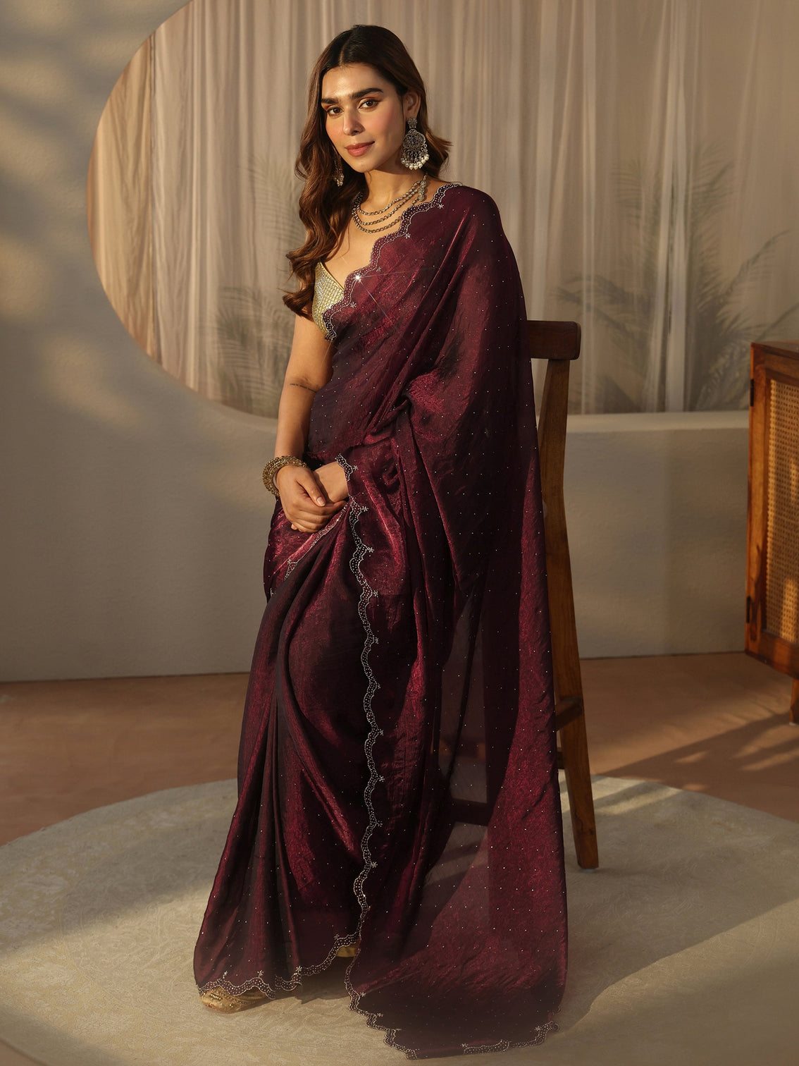 Mameraa Maroon Floral Embellished Tissue Saree with Scalloped Border