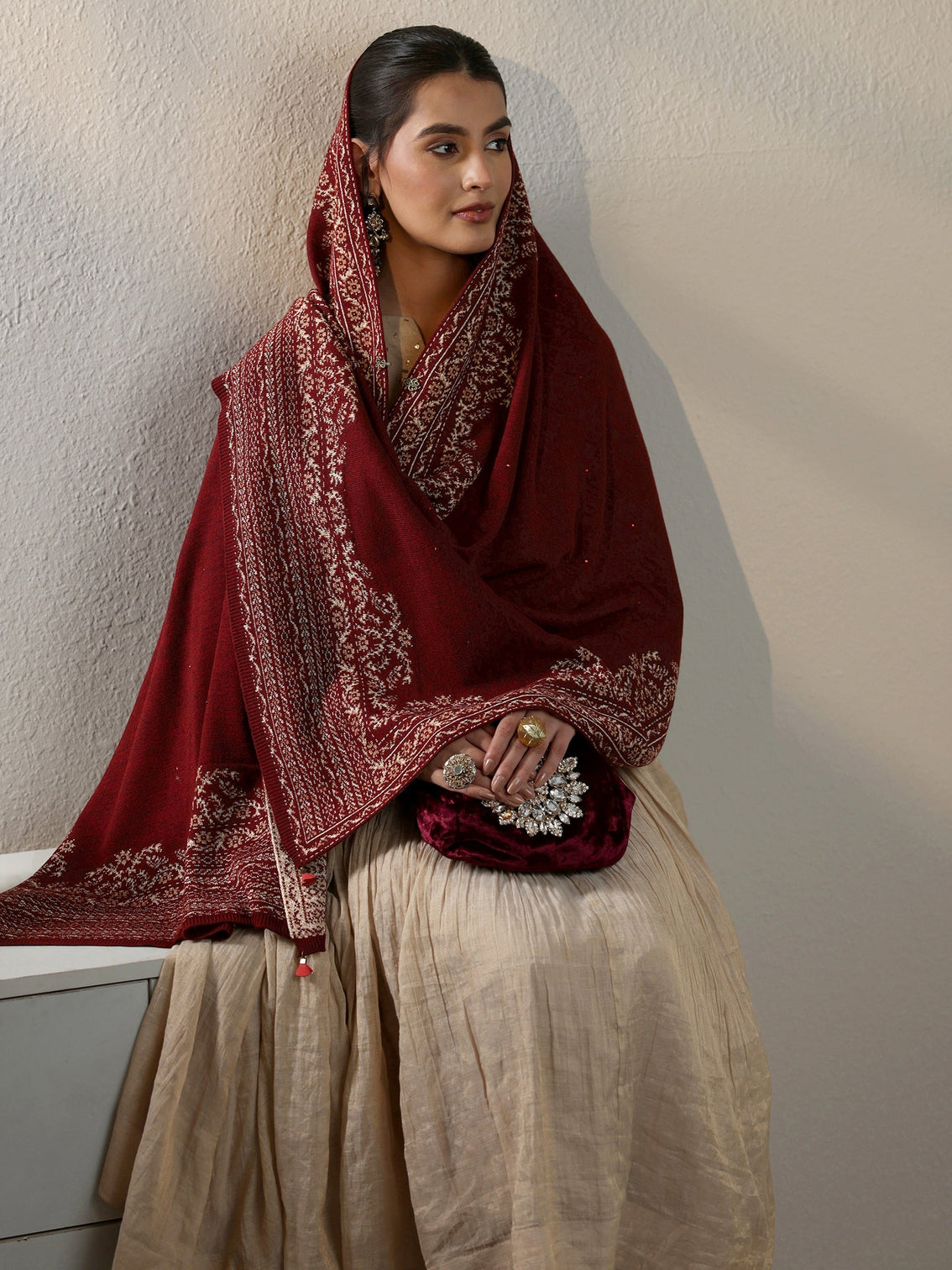 Mameraa Maroon Floral Embroidered Acrylic Wrap Shawl
