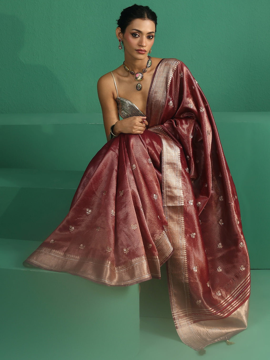 Mameraa Maroon Floral Embroidered Tissue Saree