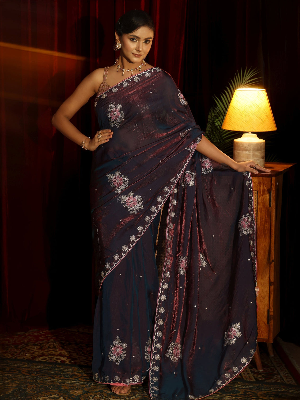 Mameraa Maroon Floral Embroidered Tissue Saree