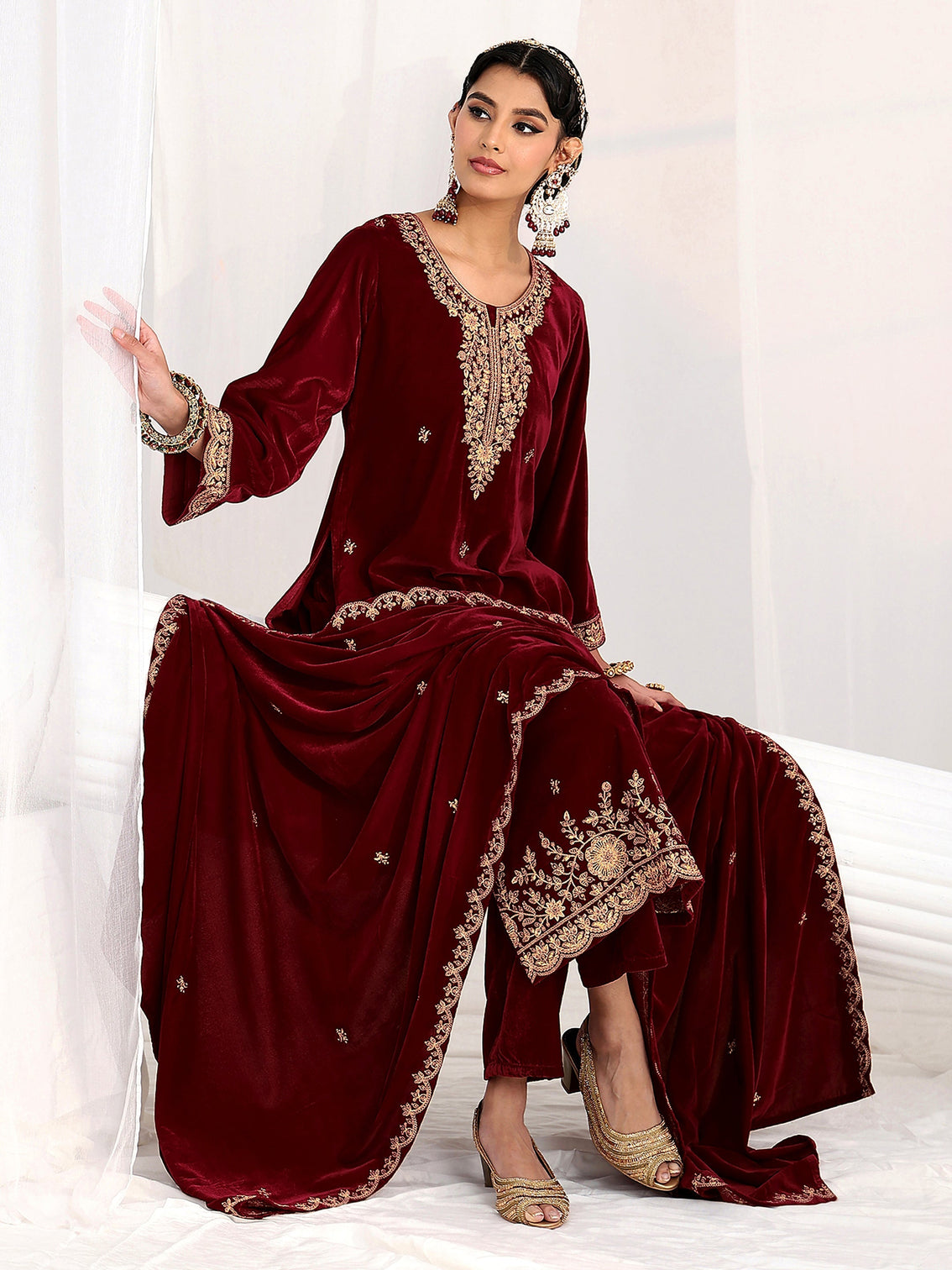 Mameraa Maroon Floral Embroidered Velvet Straight Suit Set