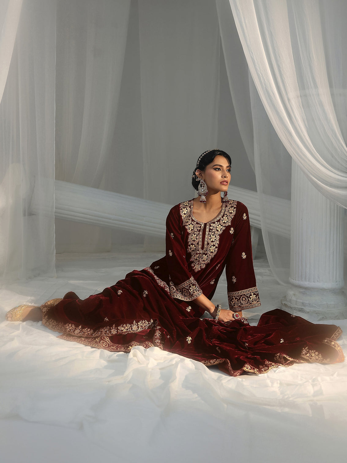 Mameraa Maroon Floral Embroidered Velvet Straight Suit Set