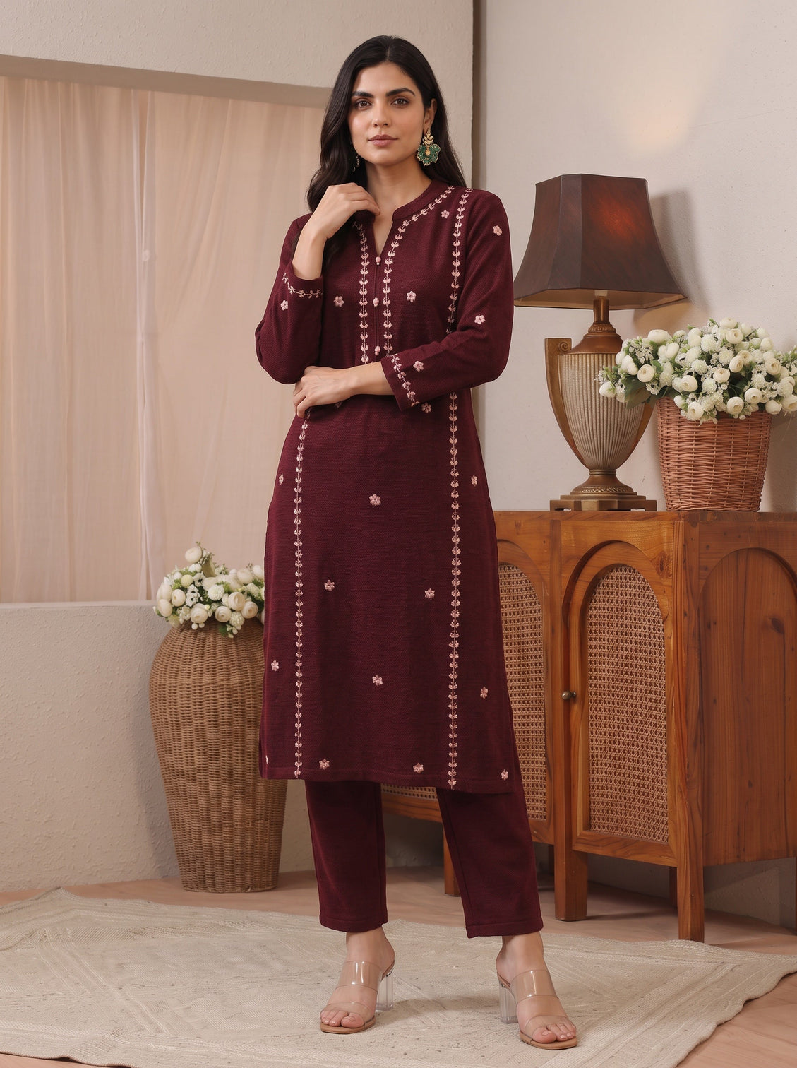 Mameraa Maroon Floral Embroidered Wool Straight Kurta