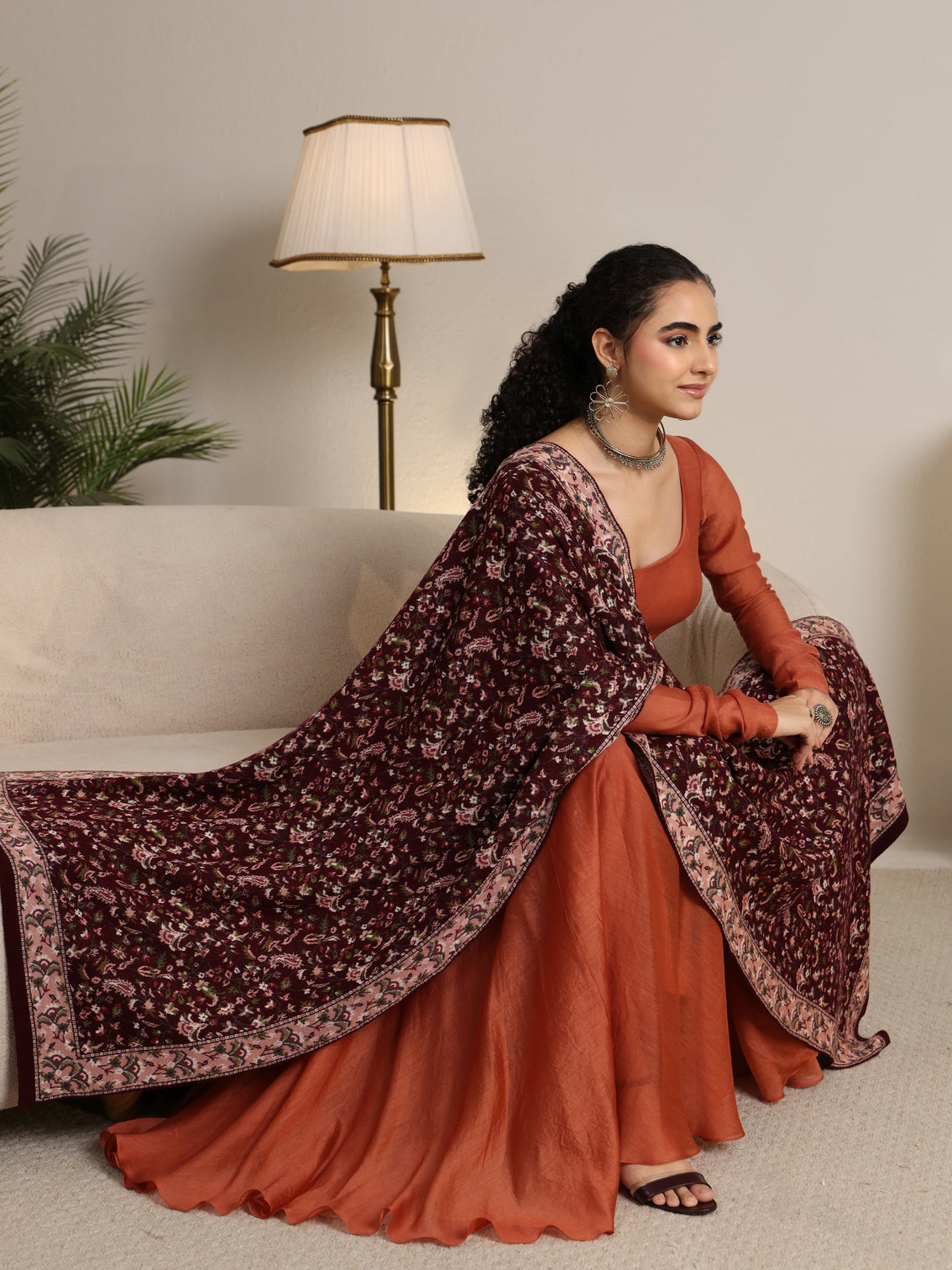 Mameraa Maroon Floral Knitted Acrylic Shawl