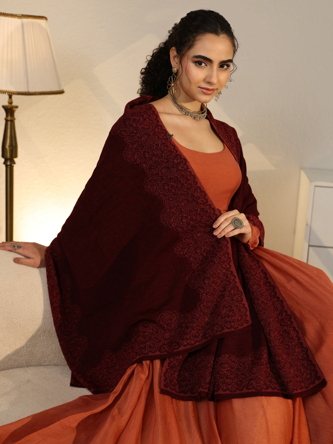 Mameraa Maroon Floral Knitted Acrylic Wrap Shawl