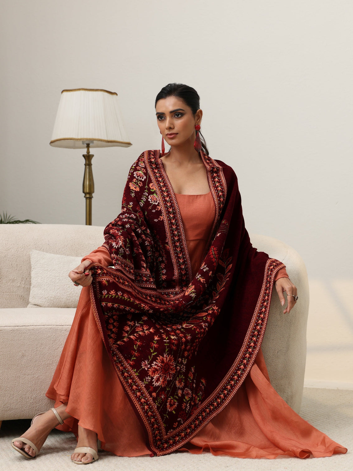 Mameraa Maroon Floral Knitted Acrylic Wrap Shawl