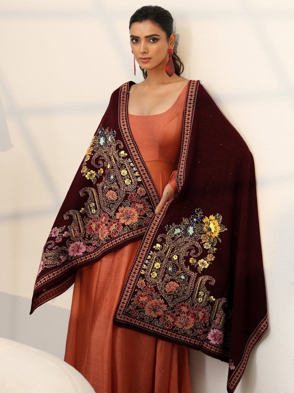 Mameraa Maroon Floral Knitted Acrylic Wrap Shawl