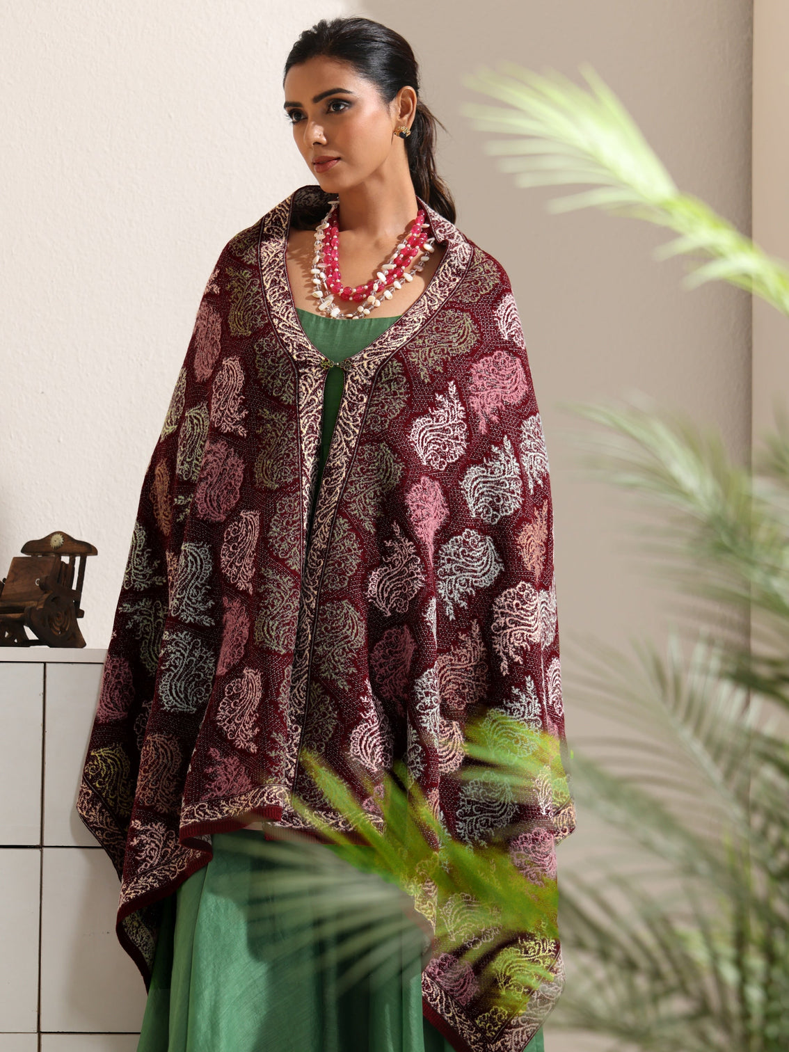 Mameraa Maroon Floral Knitted Acrylic Wrap Shawl