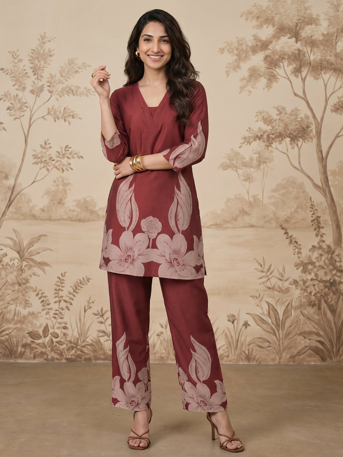 Mameraa Maroon Floral Printed Muslin Straight Kurta Set
