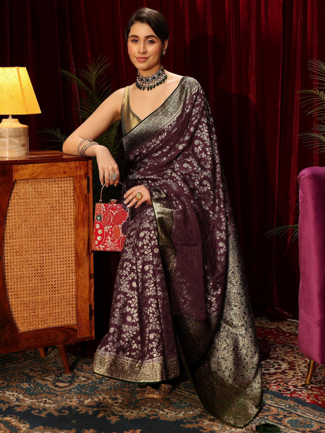 Mameraa Maroon Floral Woven Design Stone Embellished Satin Saree