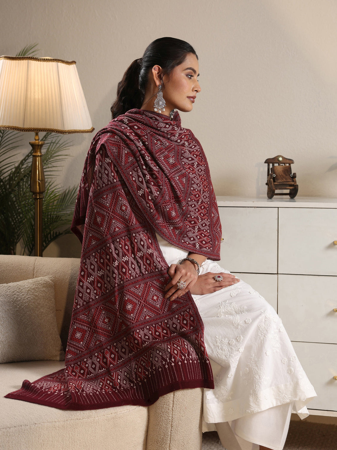 Mameraa Maroon Geometric Knitted Acrylic Shawl
