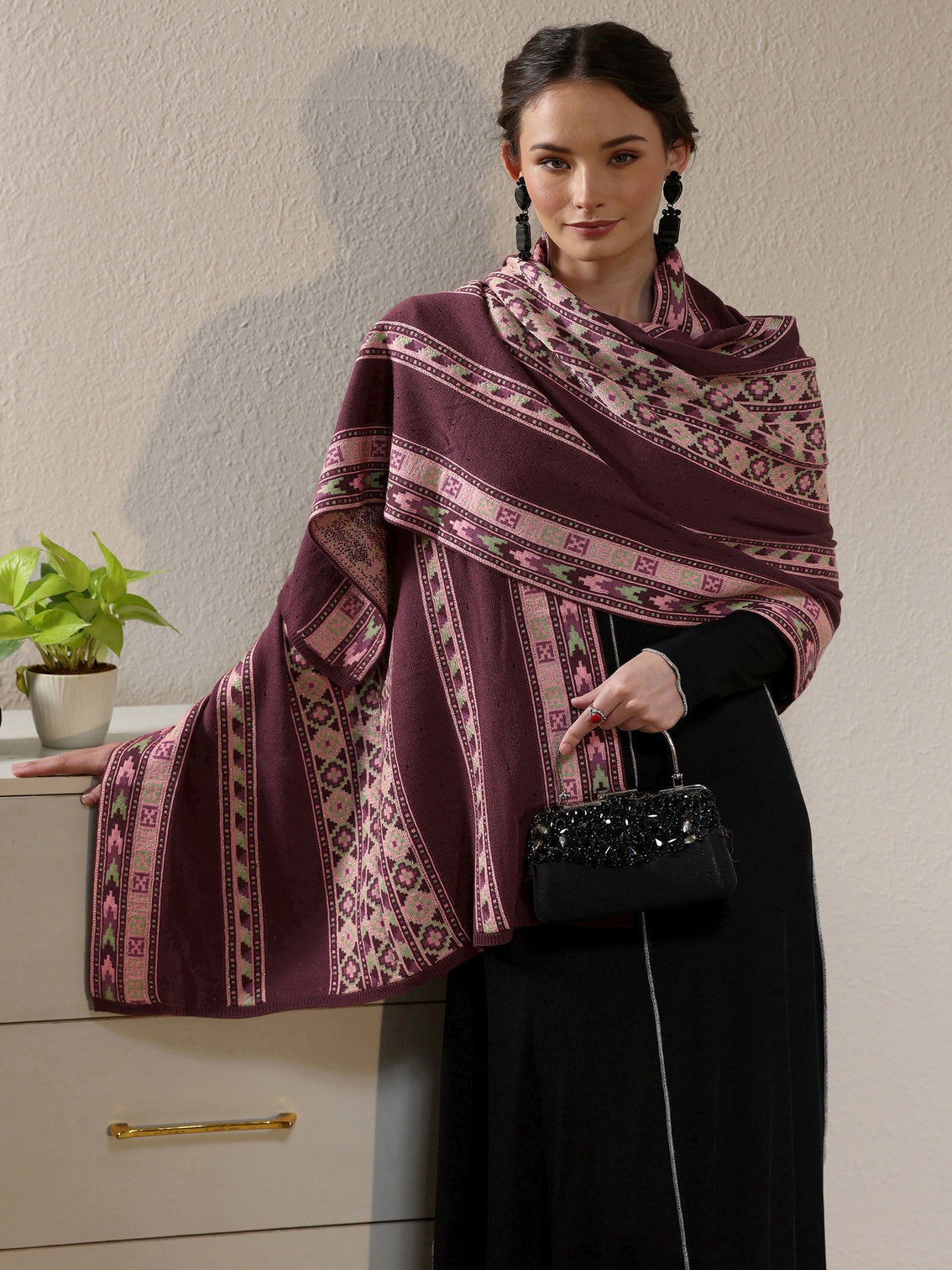 Mameraa Maroon Geometric Knitted Acrylic Wrap Shawl