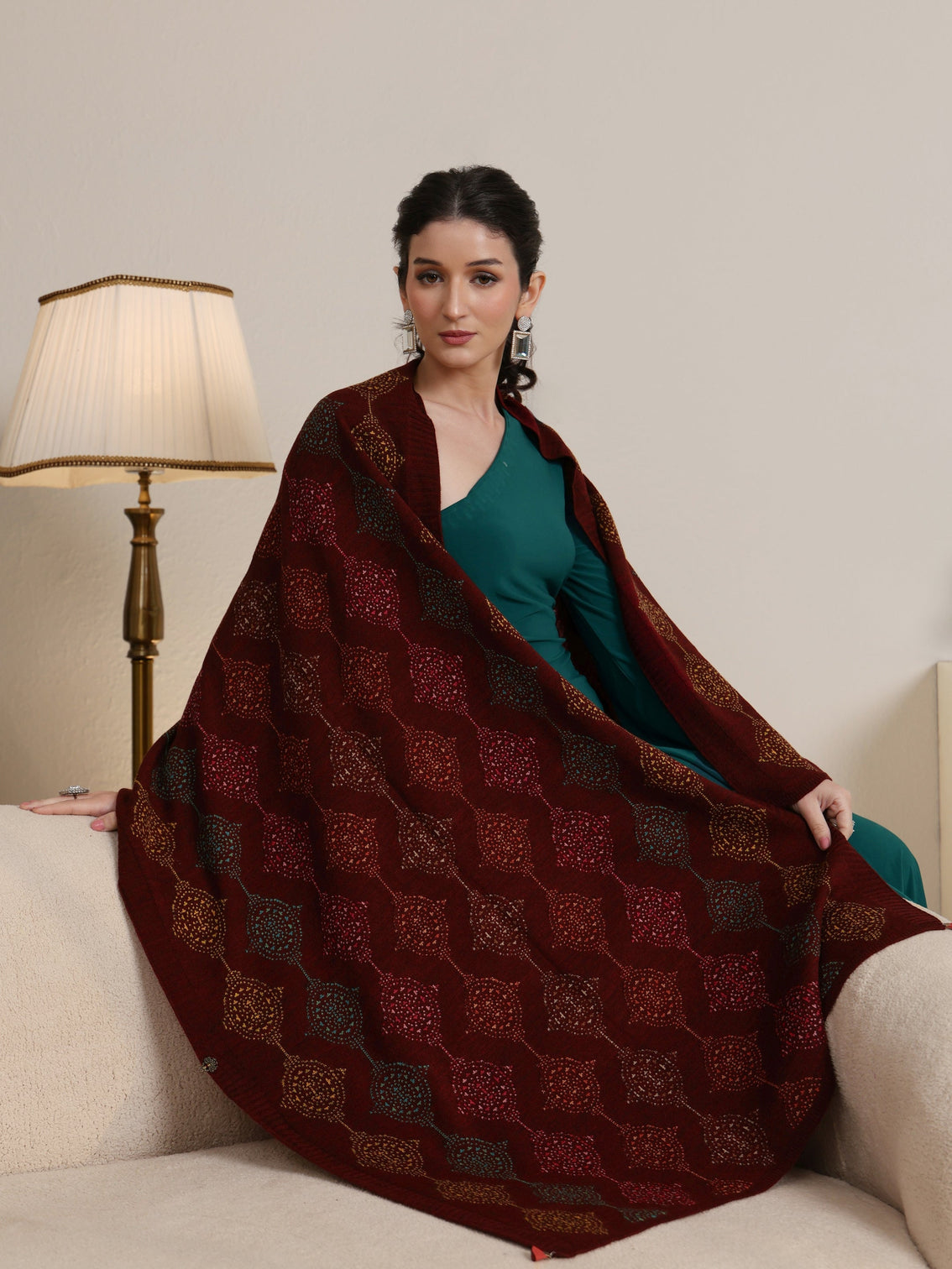 Mameraa Maroon Geometric Knitted Acrylic Wrap Shawl