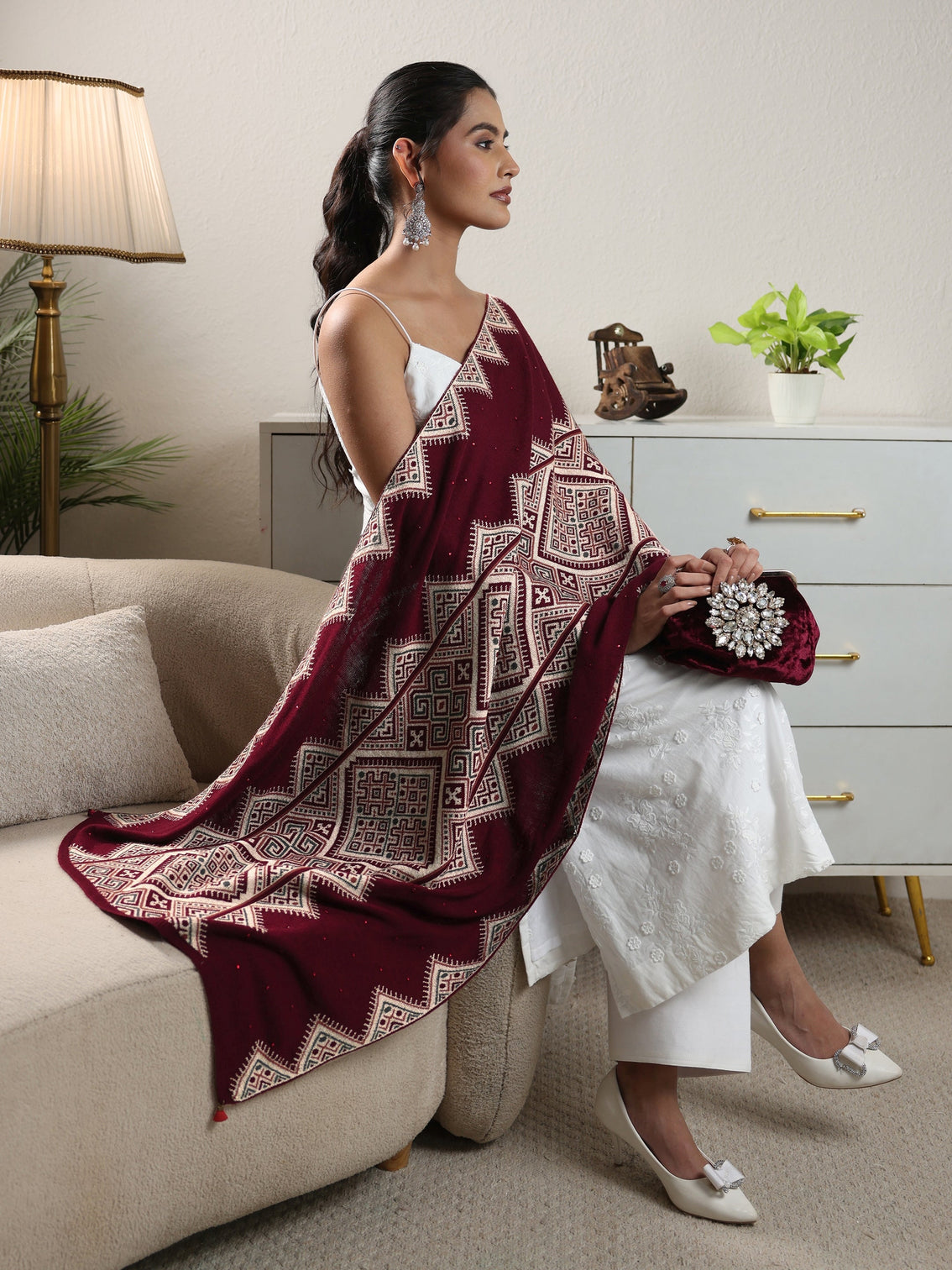 Mameraa Maroon Geometric Knitted Acrylic Wrap Shawl