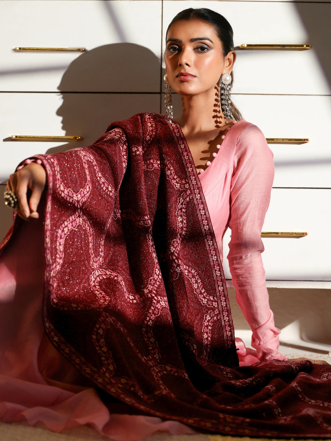 Mameraa Maroon Geometric Knitted Acrylic Wrap Shawl