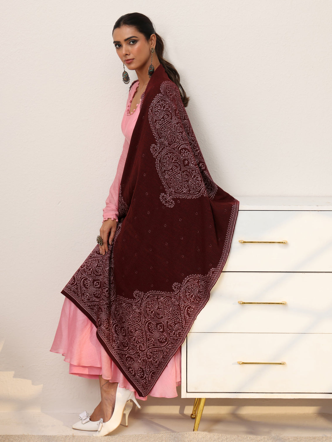 Mameraa Maroon Knitted Acrylic Wrap Shawl
