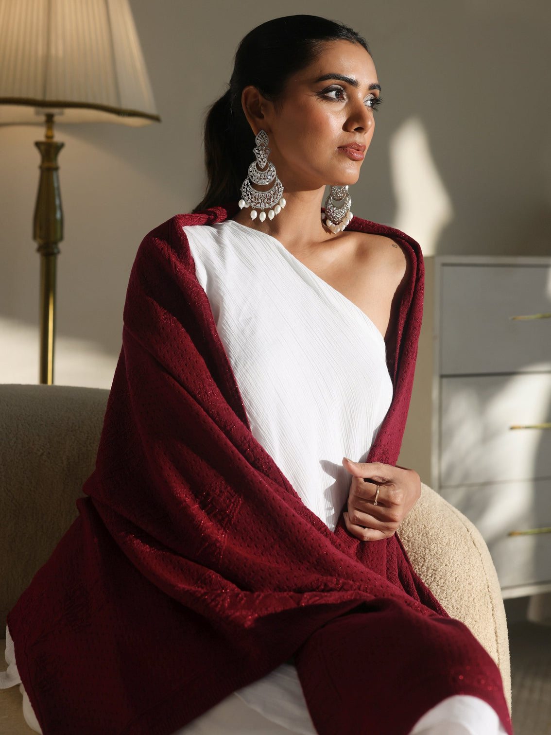Mameraa Maroon Knitted Acrylic Wrap Shawl