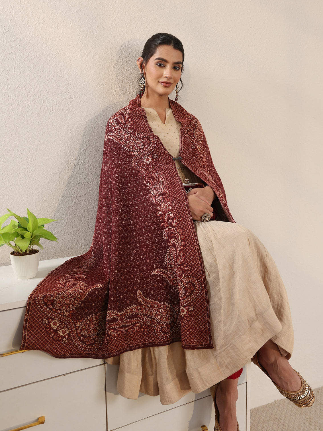 Mameraa Maroon Paisley Knitted Acrylic Wrap Shawl - Mameraa
