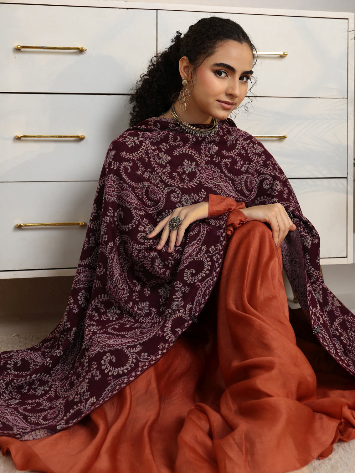 Mameraa Maroon Paisley Knitted Acrylic Wrap Shawl