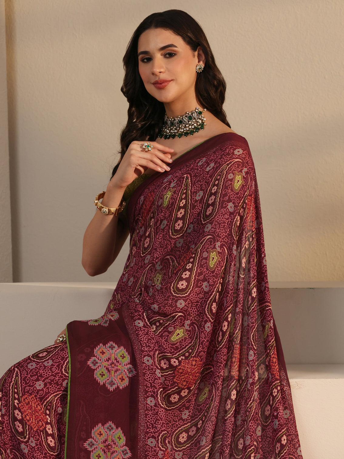 Mameraa Maroon Paisley Printed Georgette Saree