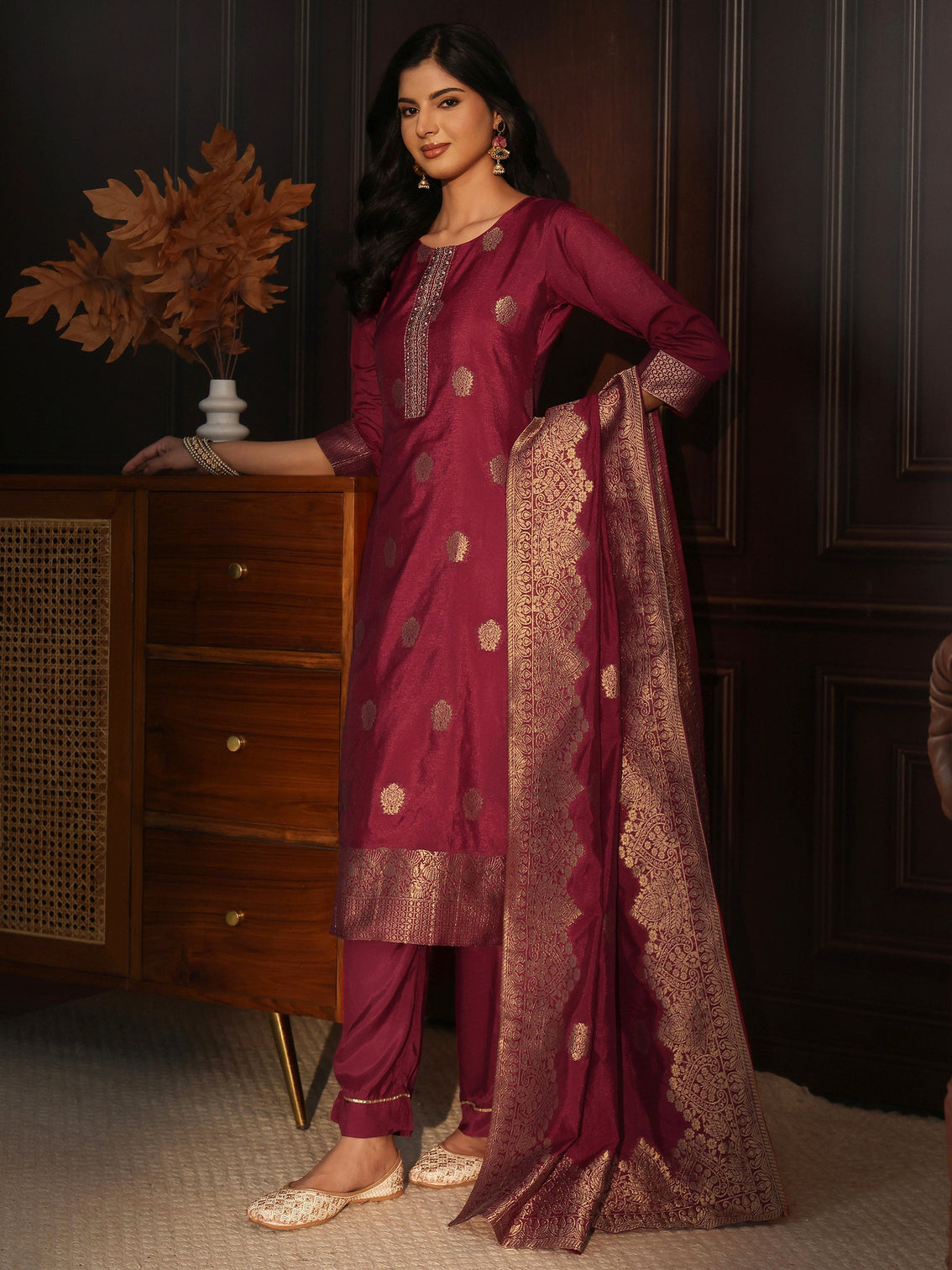 Mameraa Maroon Printed Chanderi Silk Straight Suit Set